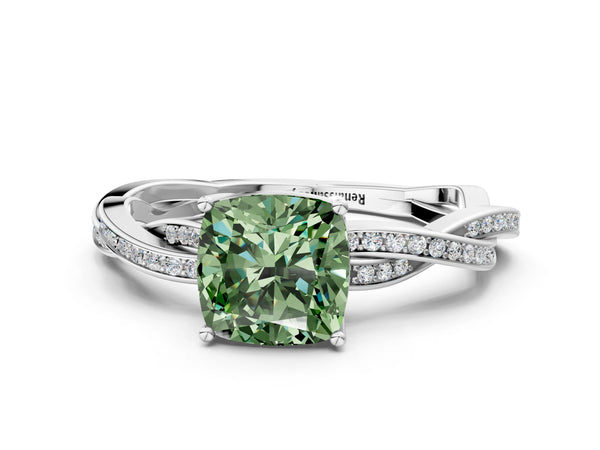 White gold Fancy Green Cushion  Solitaire Twisted Pave Diamond Ring with Four-Prong Setting