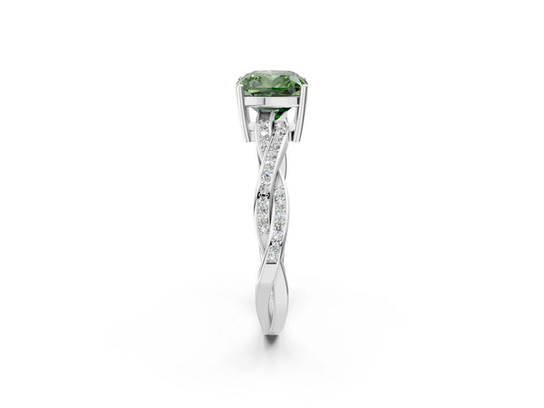 White gold Fancy Green Cushion  Solitaire Twisted Pave Diamond Ring with Four-Prong Setting