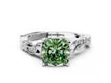 White gold Fancy Green Cushion  Solitaire Vine Band with Milgrain Prong Setting_3
