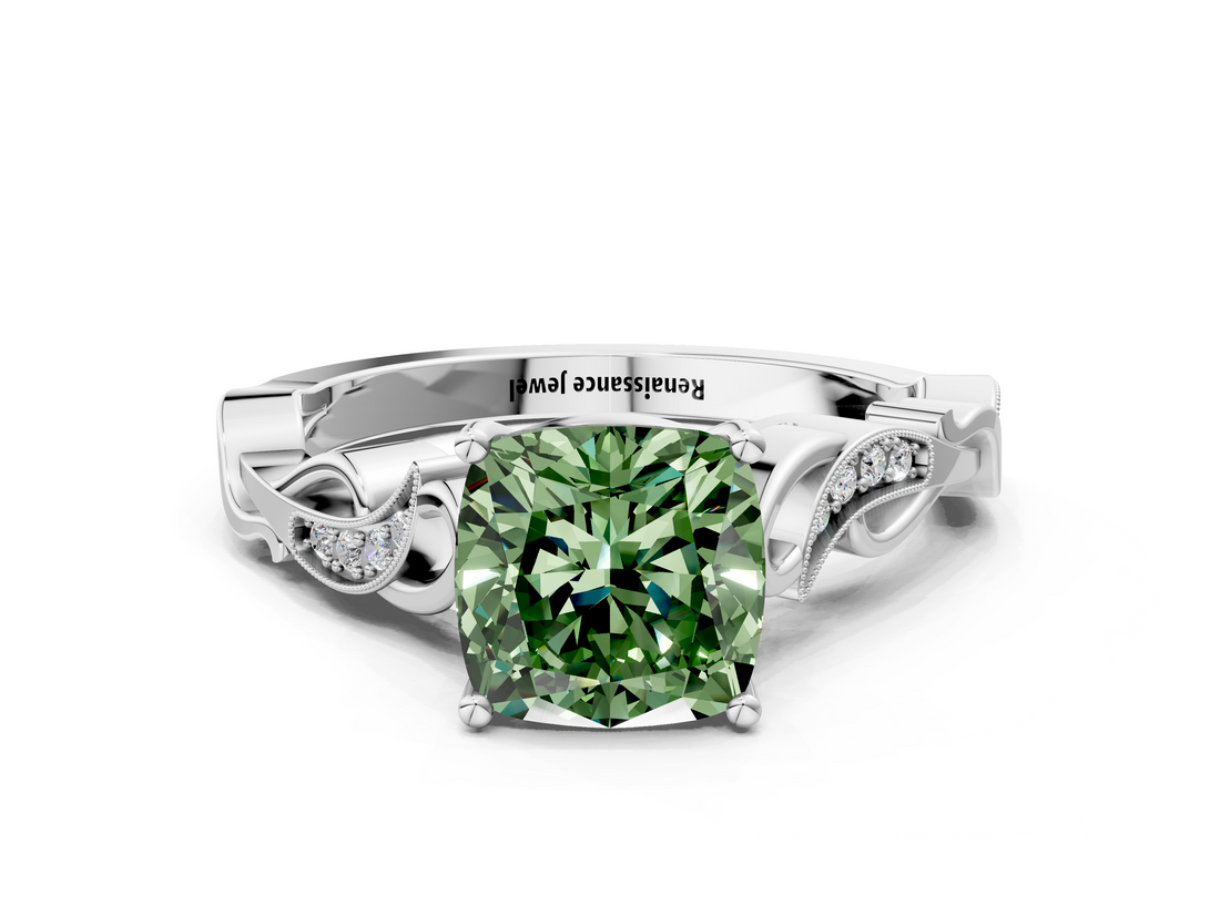 White gold Fancy Green Cushion  Solitaire Vine Band with Milgrain Prong Setting_3