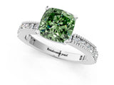 White gold Fancy Green Cushion  Solitaire with Pavé Band and Four-Prong Setting_316