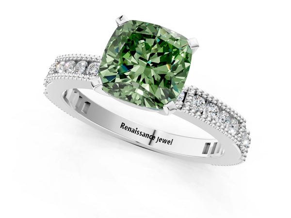 White gold Fancy Green Cushion  Solitaire with Pavé Band and Four-Prong Setting