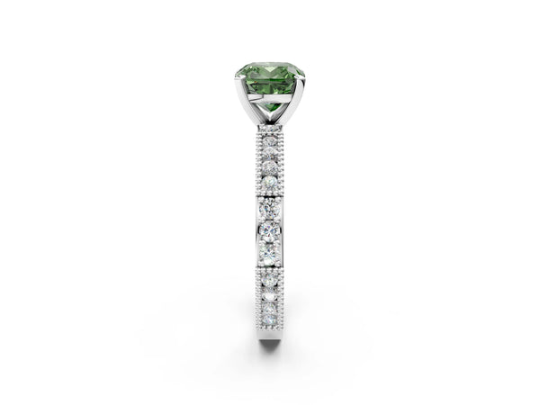 White gold Fancy Green Cushion  Solitaire with Pavé Band and Four-Prong Setting