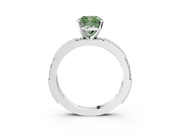 White gold Fancy Green Cushion  Solitaire with Pavé Band and Four-Prong Setting