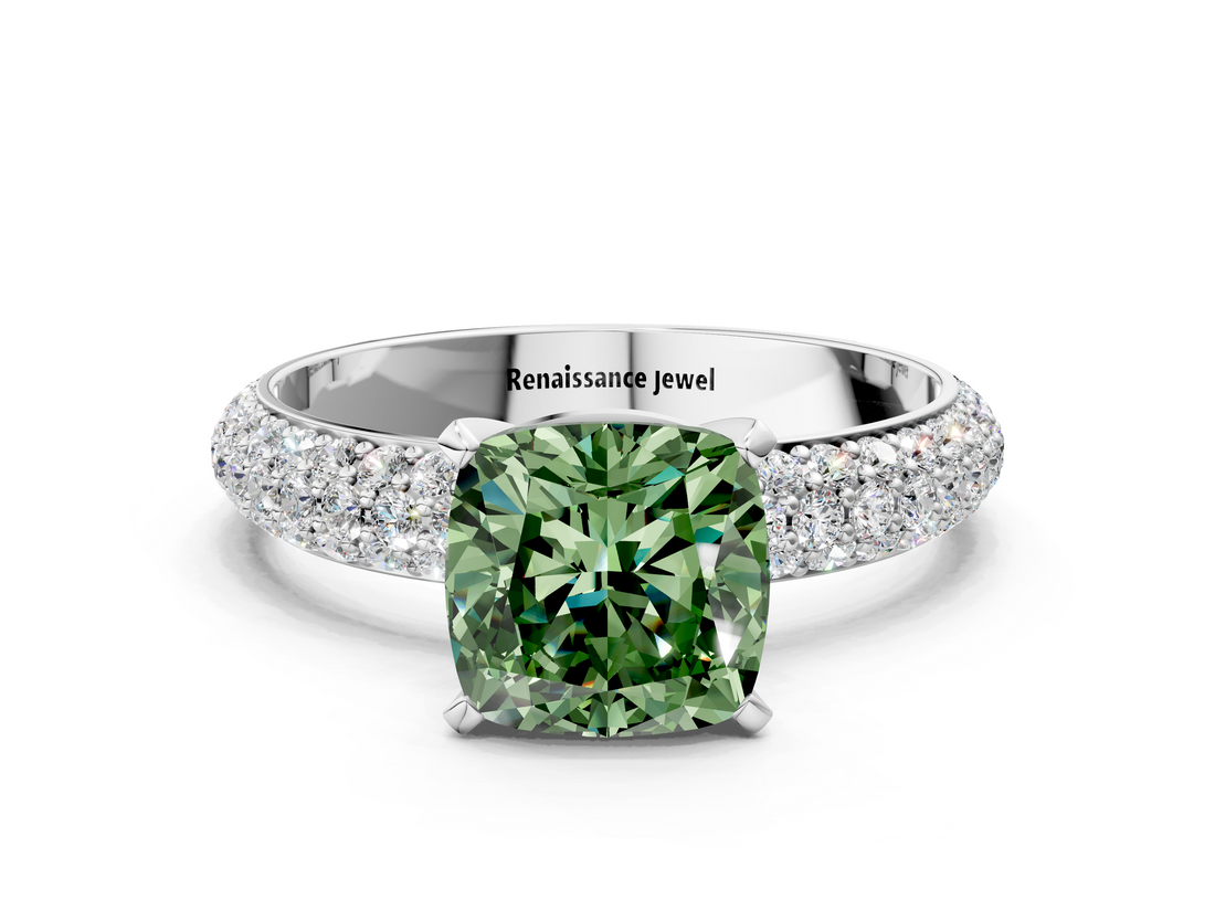 White gold Fancy Green Cushion  Solitaire with Pave Band and Four-Prong Setting_3