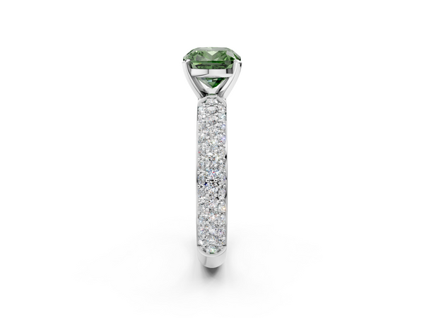 Platinum Fancy Green Cushion  Diamond Solitaire Ring with Prong Setting and Pavé Band