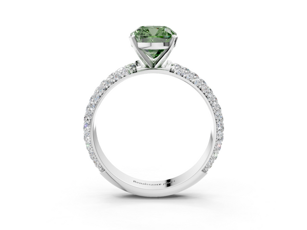 Platinum Fancy Green Cushion  Diamond Solitaire Ring with Prong Setting and Pavé Band
