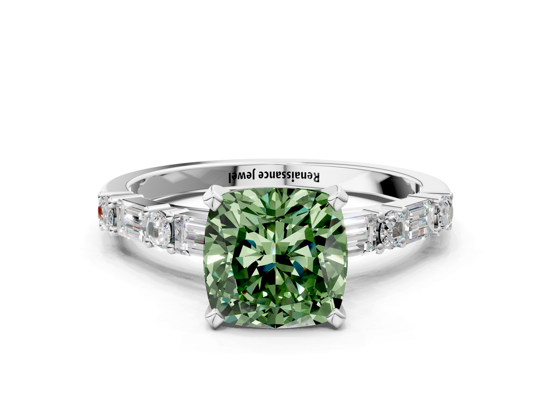 White gold Fancy Green Cushion  Solitaire with Side Baguettes and Channel Set Band_75