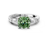 White gold Fancy Green Cushion  Solitaire with Tapered Baguette Side Stones on a Classic Band with Four-Prong Setting_71