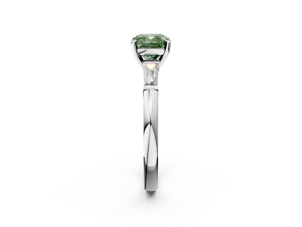 White gold Fancy Green Cushion  Solitaire with Tapered Baguette Side Stones on a Classic Band with Four-Prong Setting