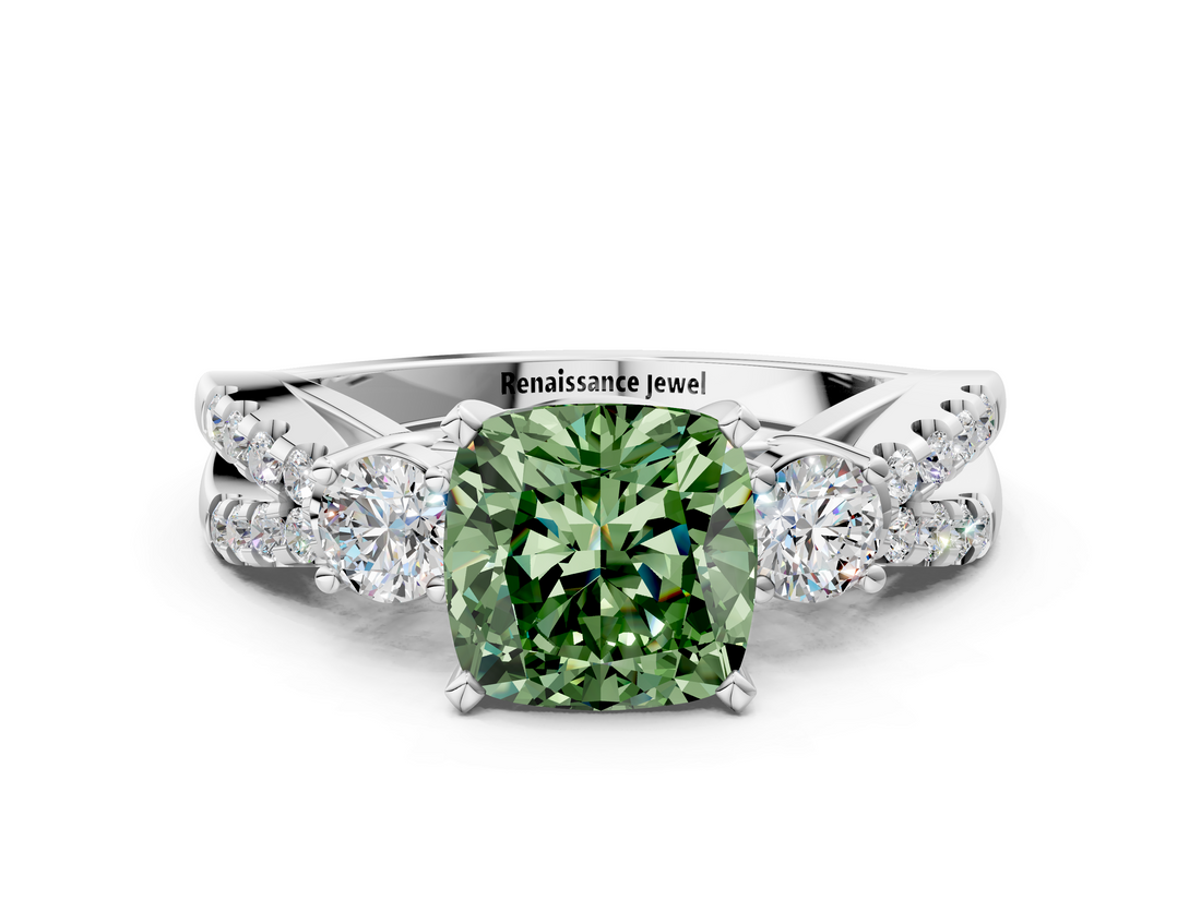 White gold Fancy Green Cushion  Three-Stone Diamond Ring with Pavé Split Shank and Four-Prong Setting_47