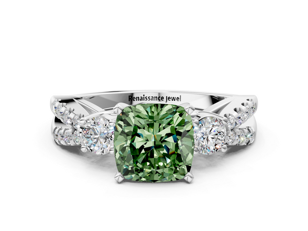 Platinum Fancy Green Cushion Cut Diamond Three-Stone Ring with Pavé Split Shank and Four-Prong Setting