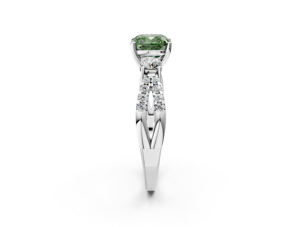 Platinum Fancy Green Cushion Cut Diamond Three-Stone Ring with Pavé Split Shank and Four-Prong Setting