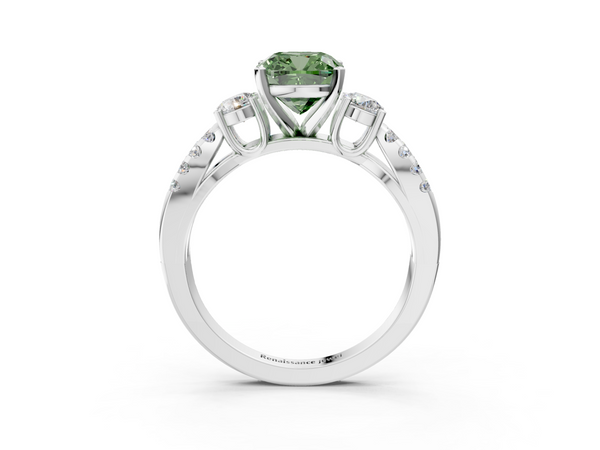 Platinum Fancy Green Cushion Cut Diamond Three-Stone Ring with Pavé Split Shank and Four-Prong Setting