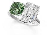 White gold Fancy Green Cushion  and Emerald Cut Toi Moi Ring with Prong Setting_47
