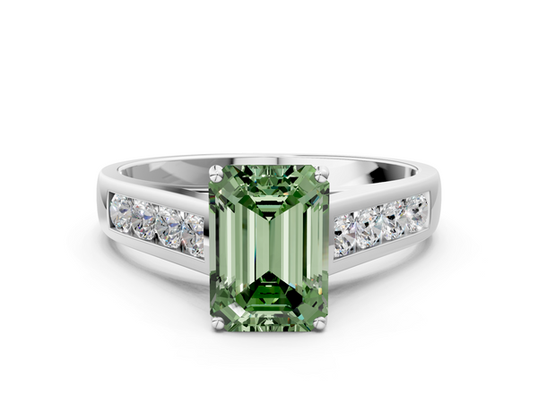 Platinum Fancy Green Emerald  Brilliant Channel-Set Solitaire Ring with Four-Prong Setting