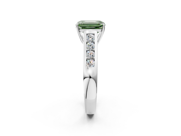 Platinum Fancy Green Emerald  Brilliant Channel-Set Solitaire Ring with Four-Prong Setting