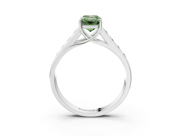 Platinum Fancy Green Emerald  Brilliant Channel-Set Solitaire Ring with Four-Prong Setting