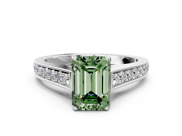 White gold Fancy Green Emerald  Brilliant Cut Diamond Engagement Ring with Pavé Band and Four-Prong Setting