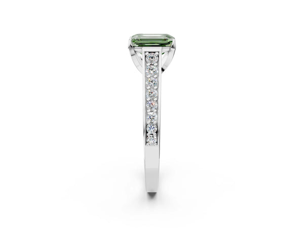White gold Fancy Green Emerald  Brilliant Cut Diamond Engagement Ring with Pavé Band and Four-Prong Setting
