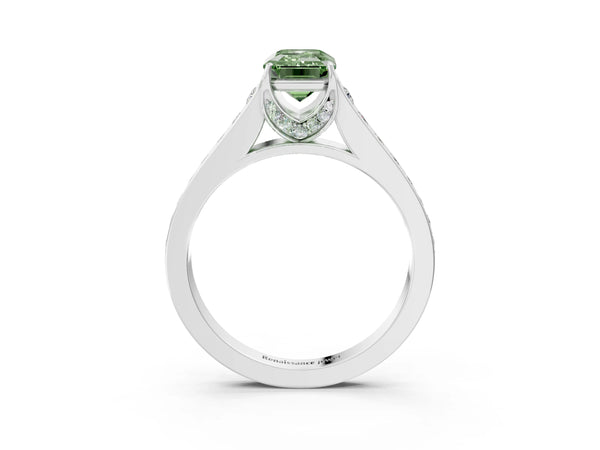 White gold Fancy Green Emerald  Brilliant Cut Diamond Engagement Ring with Pavé Band and Four-Prong Setting