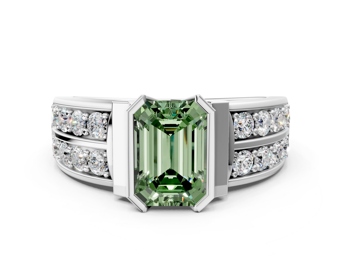 White gold Fancy Green Emerald  Brilliant Diamond Channel Set Wide Band Ring with Bezel Setting_20