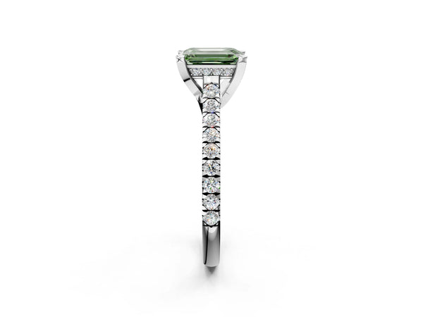 White gold Fancy Green Emerald  Brilliant Diamond Solitaire with Pavé Band and Four-Prong Setting