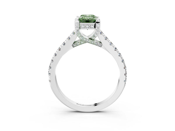 White gold Fancy Green Emerald  Brilliant Diamond Solitaire with Pavé Band and Four-Prong Setting