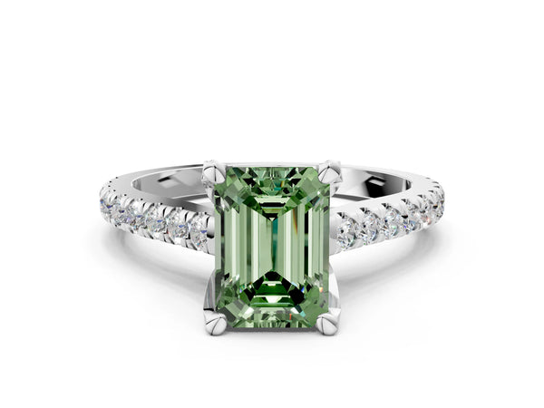 White gold Fancy Green Emerald  Brilliant Diamond Solitaire with Pavé Band and Four-Prong Setting