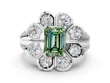 White gold Fancy Green Emerald  Brilliant Flower Halo Diamond Split Shank Ring_183