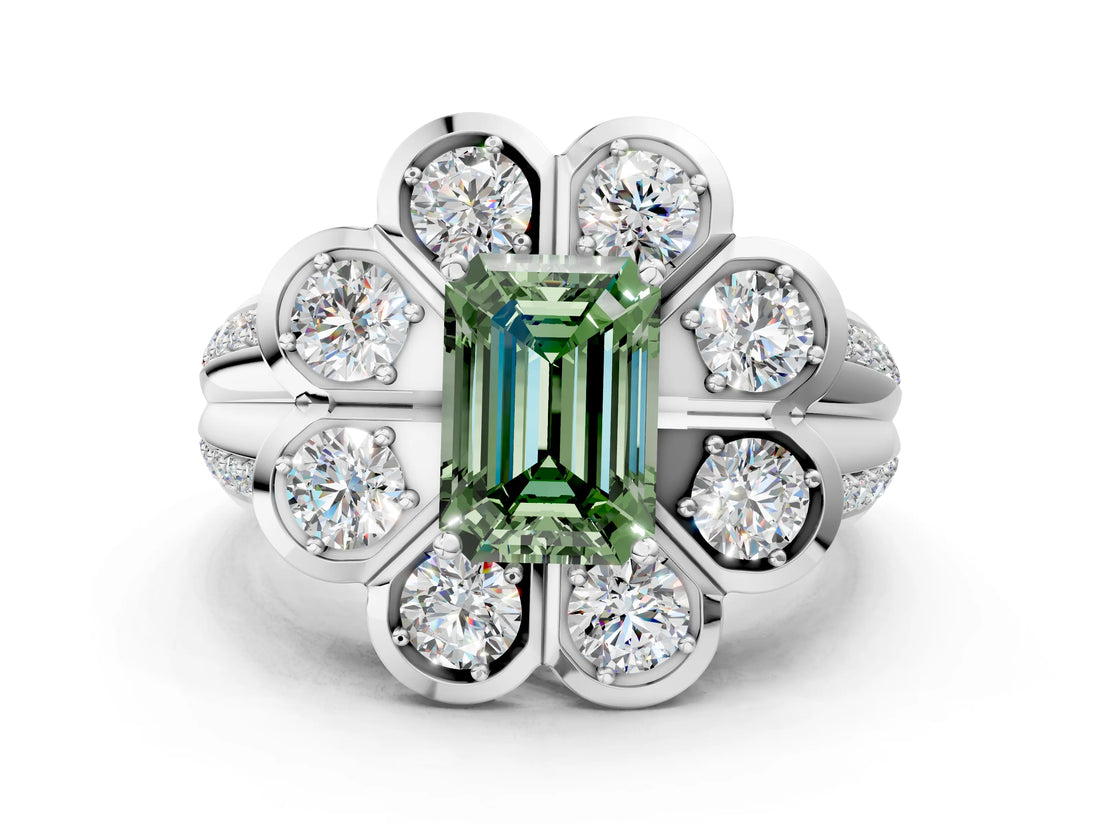 White gold Fancy Green Emerald  Brilliant Flower Halo Diamond Split Shank Ring_186