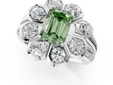 White gold Fancy Green Emerald  Brilliant Flower Halo Diamond Split Shank Ring_187