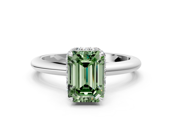 White gold Fancy Green Emerald  Brilliant Solitaire Engagement Ring with Six-Prong Setting and Classic Band