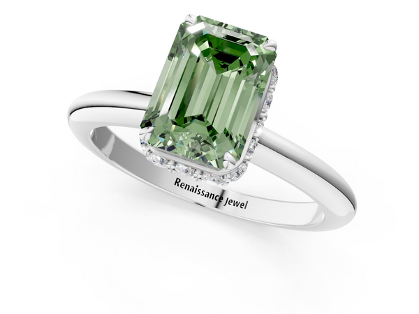 White gold Fancy Green Emerald  Brilliant Solitaire Engagement Ring with Six-Prong Setting and Classic Band
