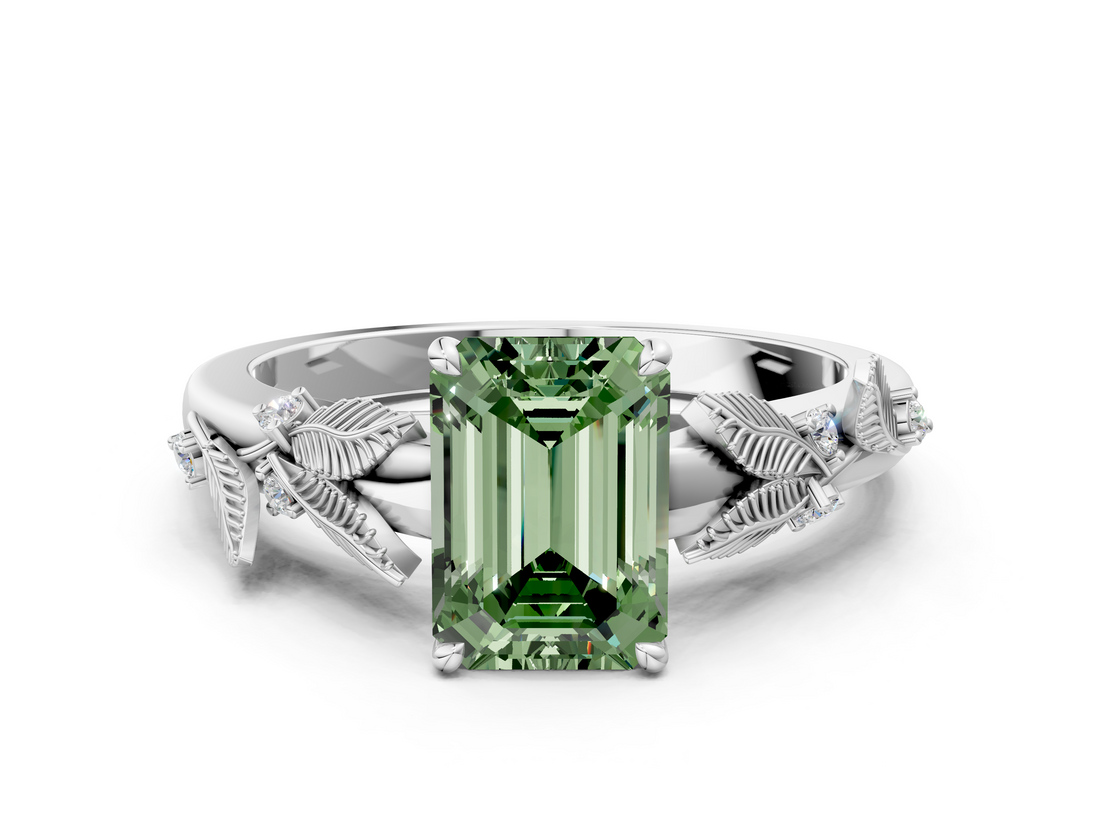 White gold Fancy Green Emerald  Brilliant Solitaire with Leaf Motif Band and Four-Prong Setting_63