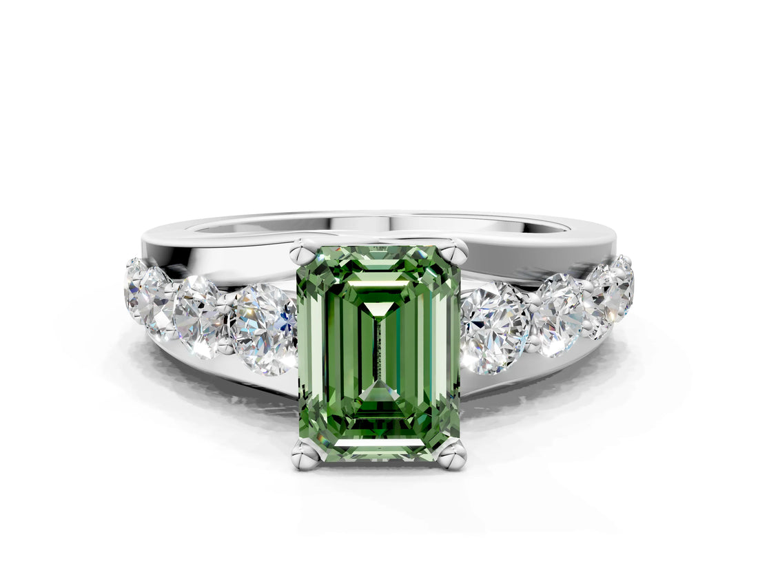 White gold Fancy Green Emerald  Brilliant Solitaire with Side Stones on a Pave Band and Four-Prong Setting_127