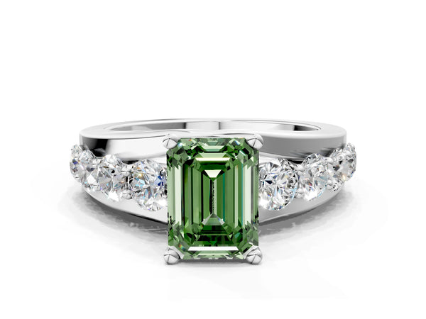 White gold Fancy Green Emerald  Brilliant Solitaire with Side Stones on a Pave Band and Four-Prong Setting