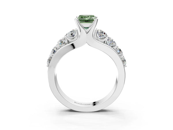 White gold Fancy Green Emerald  Brilliant Solitaire with Side Stones on a Pave Band and Four-Prong Setting