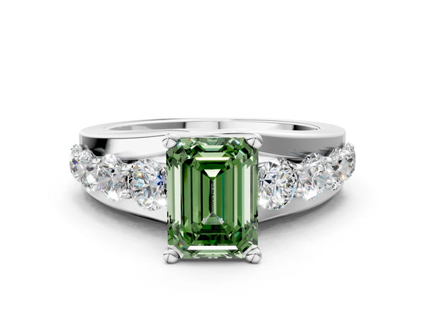 White gold Fancy Green Emerald  Brilliant Solitaire with Side Stones on a Pave Band and Four-Prong Setting