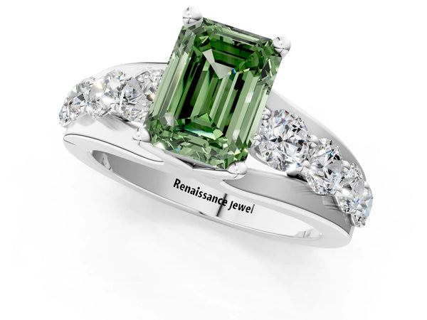White gold Fancy Green Emerald  Brilliant Solitaire with Side Stones on a Pave Band and Four-Prong Setting