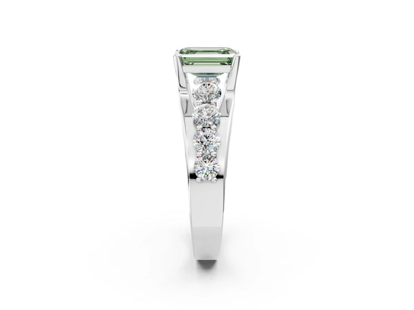 White gold Fancy Green Emerald  Brilliant Solitaire with Side Stones on a Pave Band and Four-Prong Setting