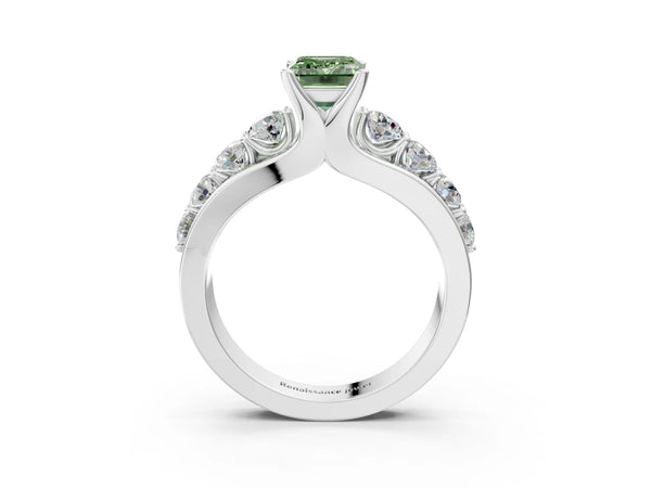 White gold Fancy Green Emerald  Brilliant Solitaire with Side Stones on a Pave Band and Four-Prong Setting