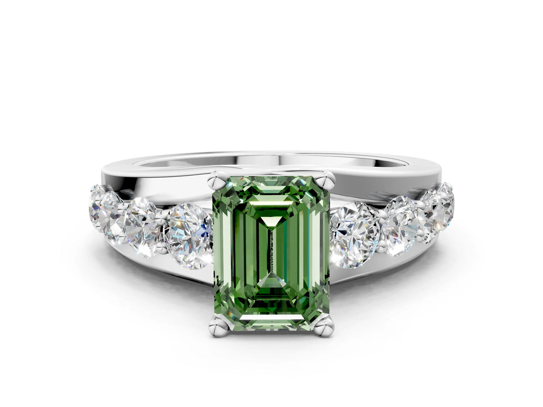 White gold Fancy Green Emerald  Brilliant Solitaire with Side Stones on a Pave Band and Four-Prong Setting_48