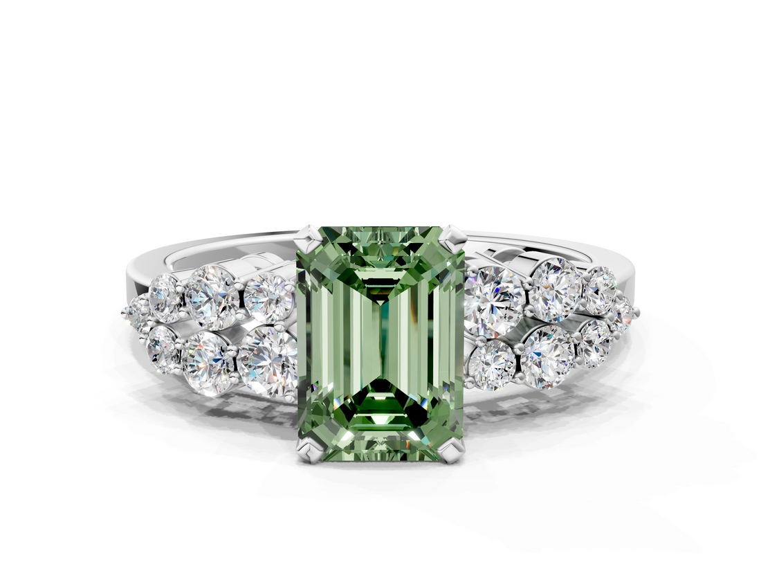 White gold Fancy Green Emerald  Cluster Diamond Engagement Ring with Pavé Band and Four-Prong Setting_62