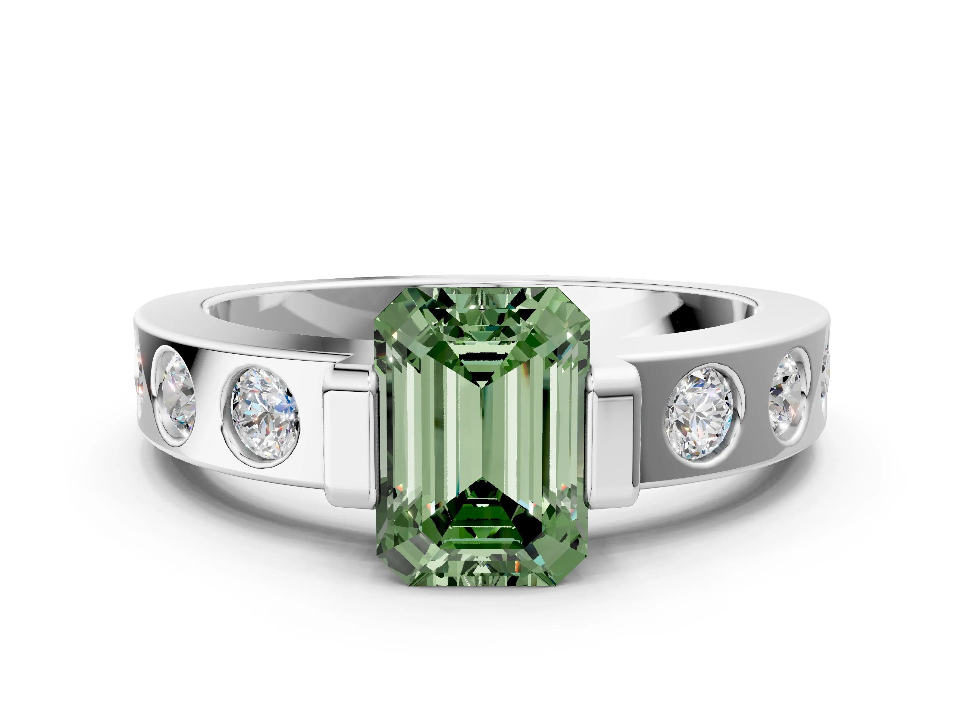 White gold Fancy Green Emerald Cut Brilliant Channel-Set Diamond Ring with Bezel Prong Setting_12