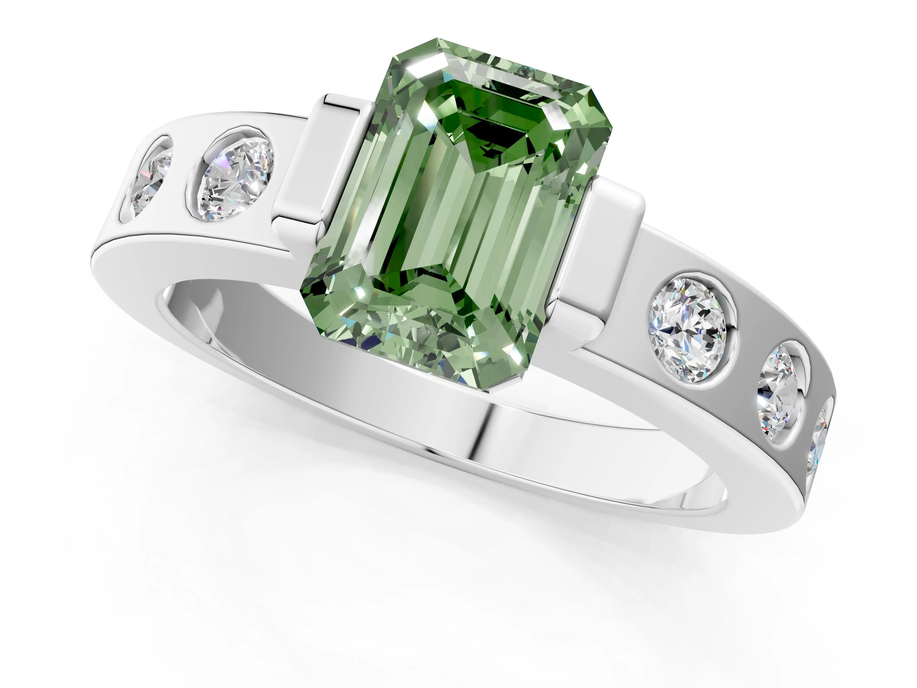 White gold Fancy Green Emerald Cut Brilliant Channel-Set Diamond Ring with Bezel Prong Setting_13