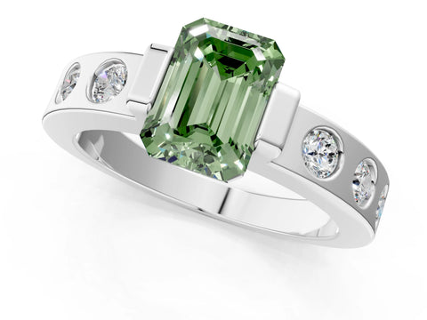 White gold Fancy Green Emerald Cut Brilliant Channel-Set Diamond Ring with Bezel Prong Setting_13