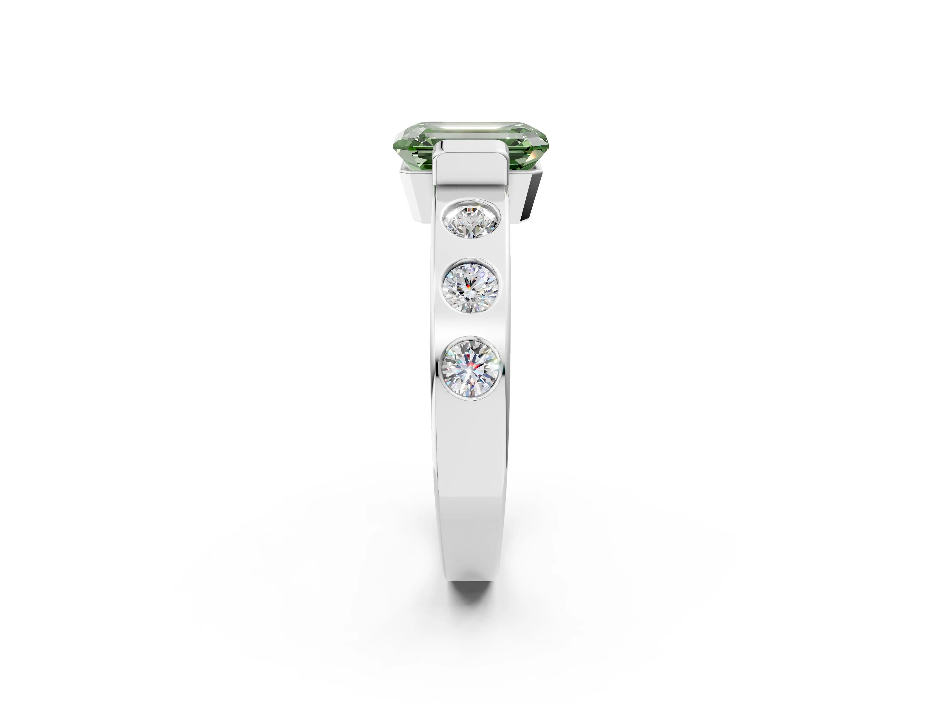 White gold Fancy Green Emerald Cut Brilliant Channel-Set Diamond Ring with Bezel Prong Setting_14