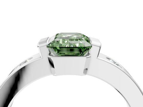 White gold Fancy Green Emerald Cut Brilliant Channel-Set Diamond Ring with Bezel Prong Setting_16