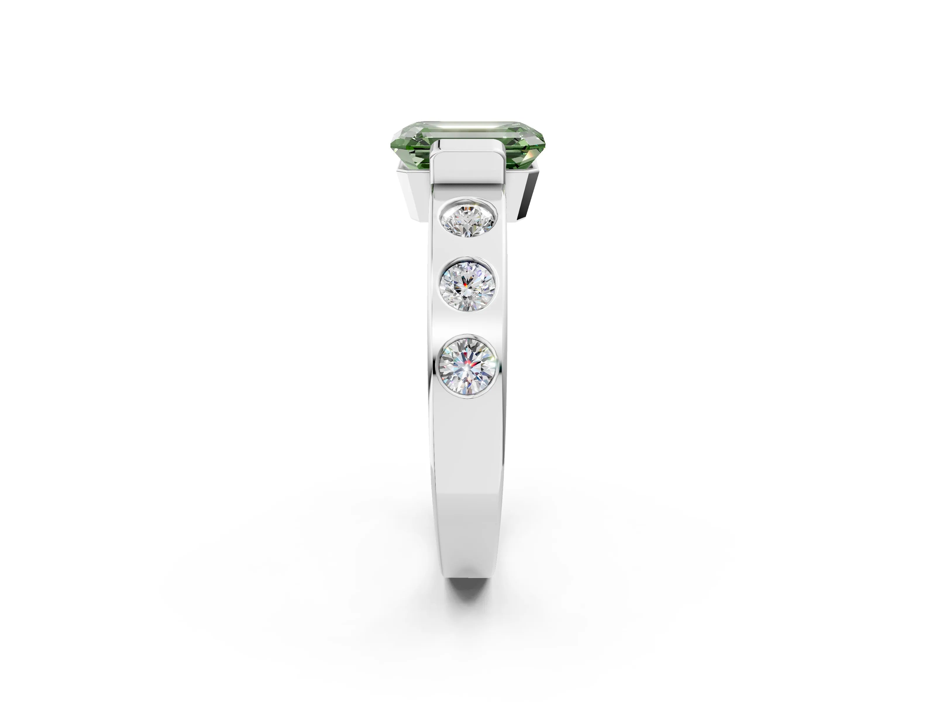 White gold Fancy Green Emerald Cut Brilliant Channel-Set Diamond Ring with Bezel Prong Setting_2